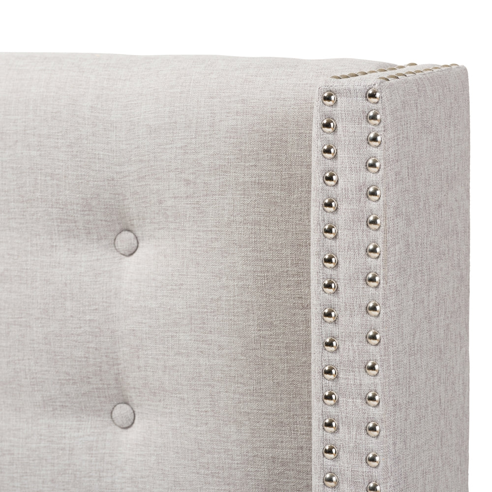 Ginaro Modern And Contemporary Greyish Beige Fabric Button-Tufted Nail head Queen Size Winged Headboard