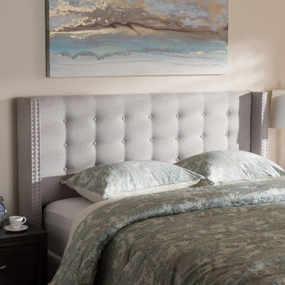 Ginaro Modern And Contemporary Greyish Beige Fabric Button-Tufted Nail head Queen Size Winged Headboard