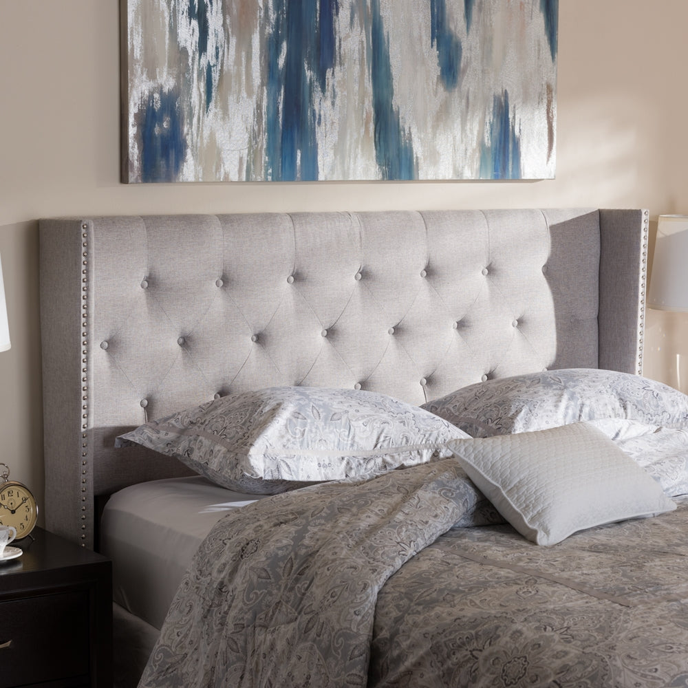 Ally Modern And Contemporary Greyish Beige Fabric Button-Tufted Nail head King Size Winged Headboard
