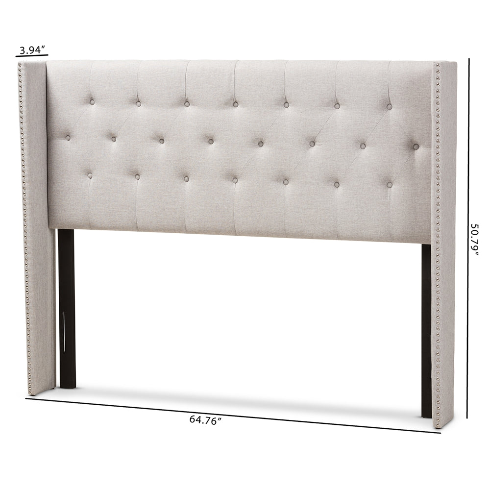 Ally Modern And Contemporary Greyish Beige Fabric Button-Tufted Nail head King Size Winged Headboard
