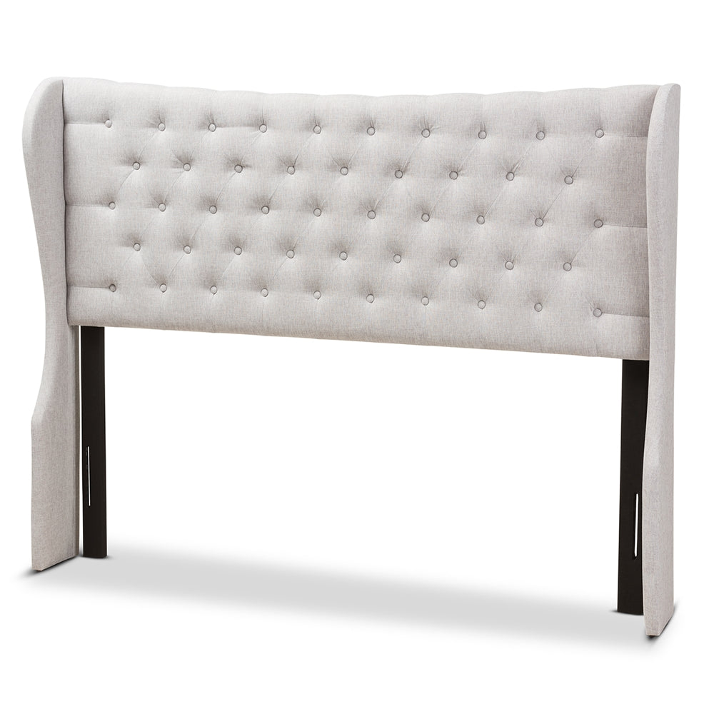 Cadence Modern and Contemporary Greyish Beige Fabric Button-Tufted Queen Size Winged Headboard