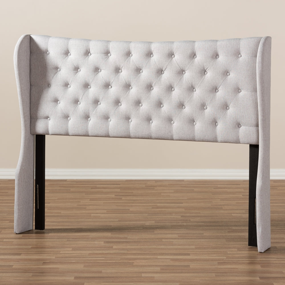Cadence Modern and Contemporary Greyish Beige Fabric Button-Tufted Queen Size Winged Headboard
