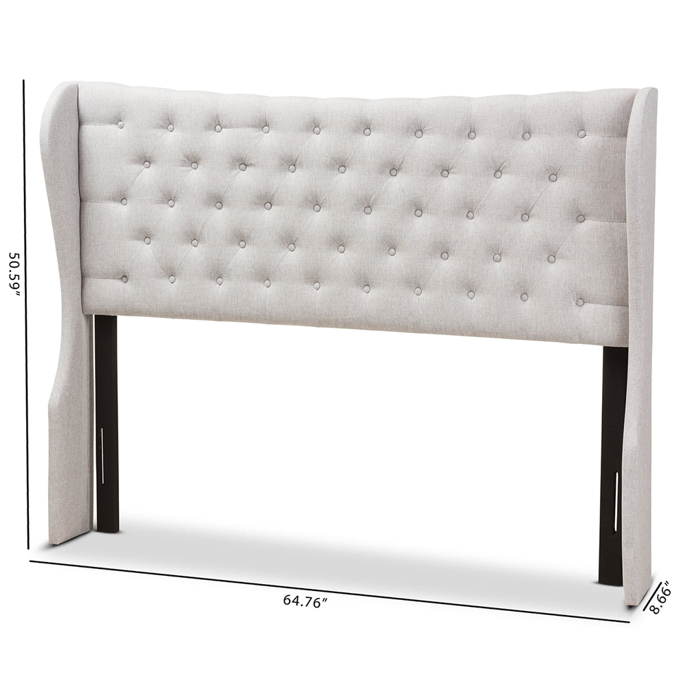 Cadence Modern and Contemporary Greyish Beige Fabric Button-Tufted Queen Size Winged Headboard