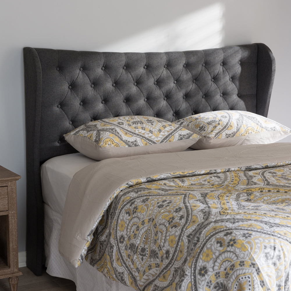 Cadence Modern and Contemporary Dark Grey Fabric Button-Tufted Queen Size Winged Headboard