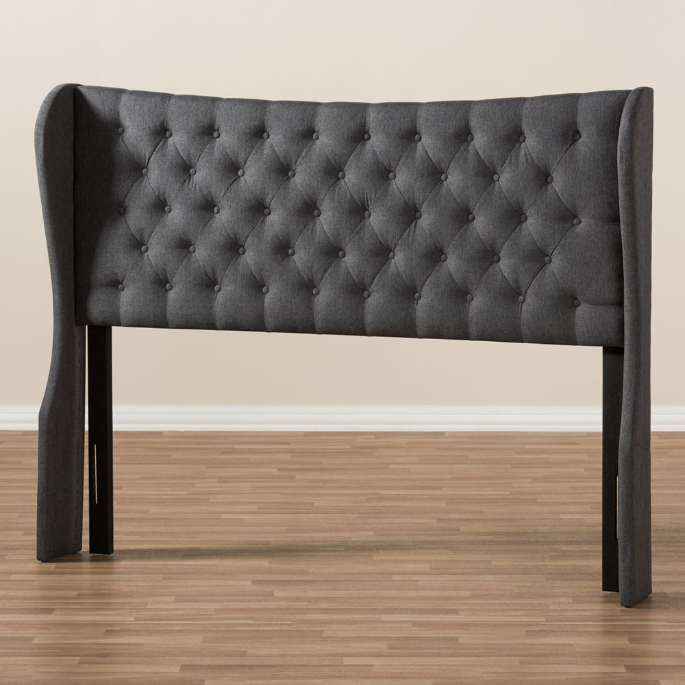 Cadence Modern and Contemporary Dark Grey Fabric Button-Tufted Queen Size Winged Headboard