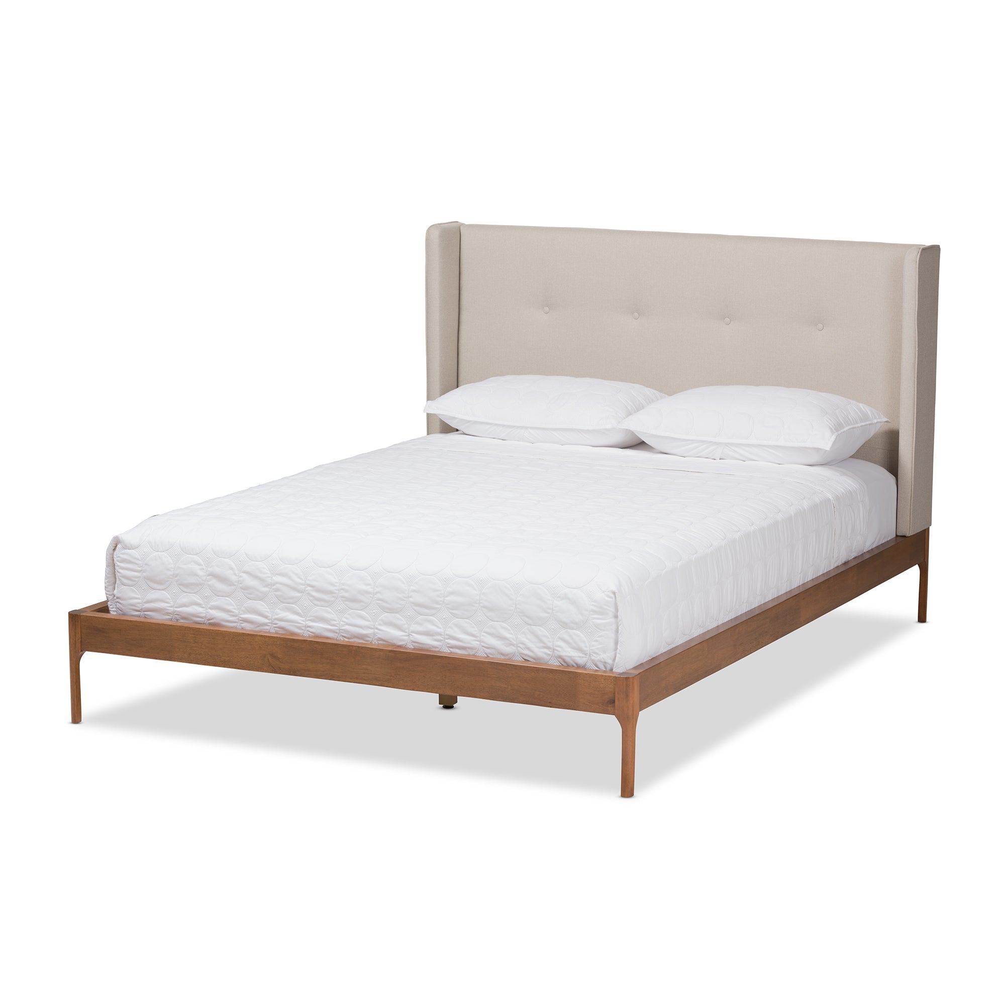 Brooklyn Mid-Century Modern Walnut Wood Beige Fabric King Size Platform Bed