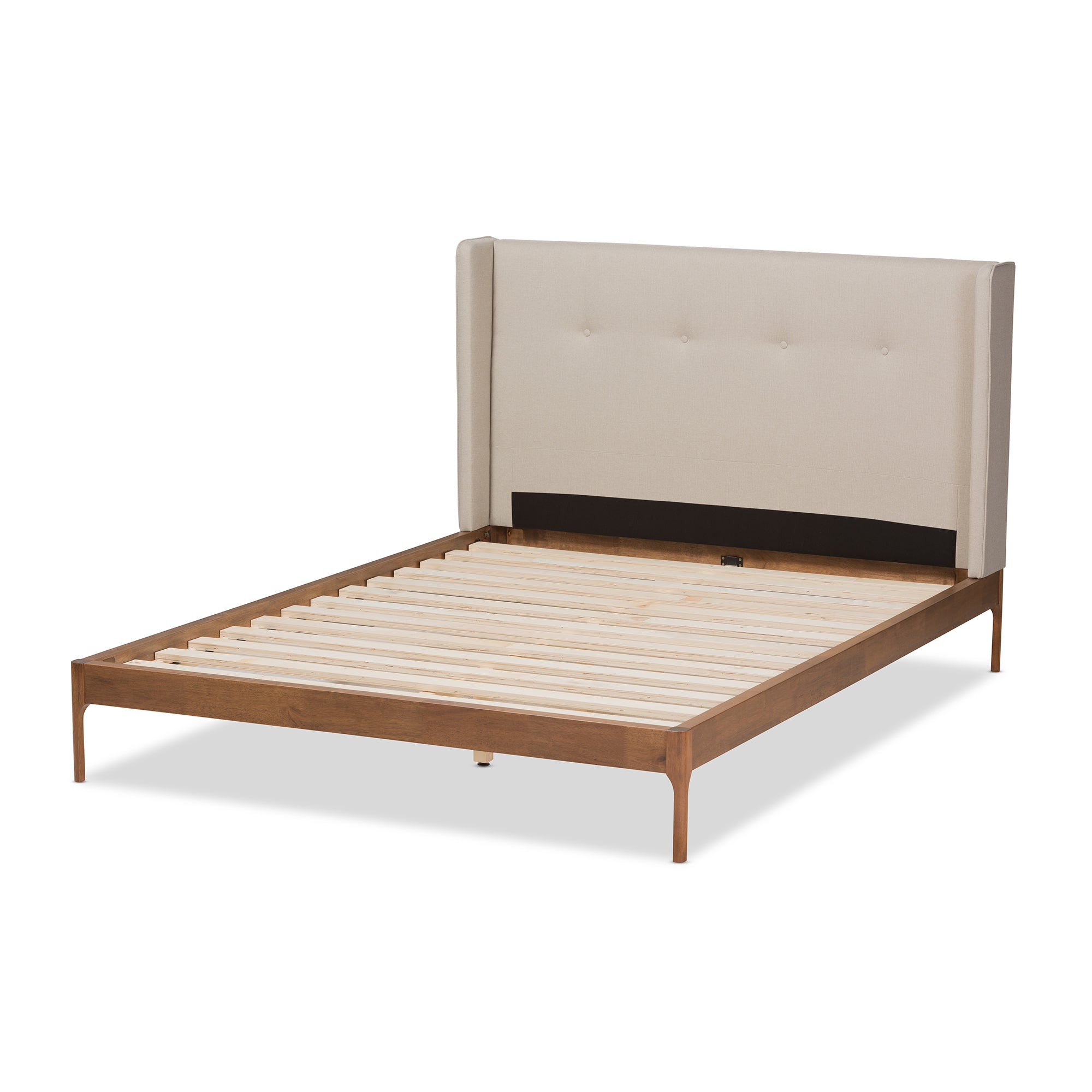 Brooklyn Mid-Century Modern Walnut Wood Beige Fabric King Size Platform Bed