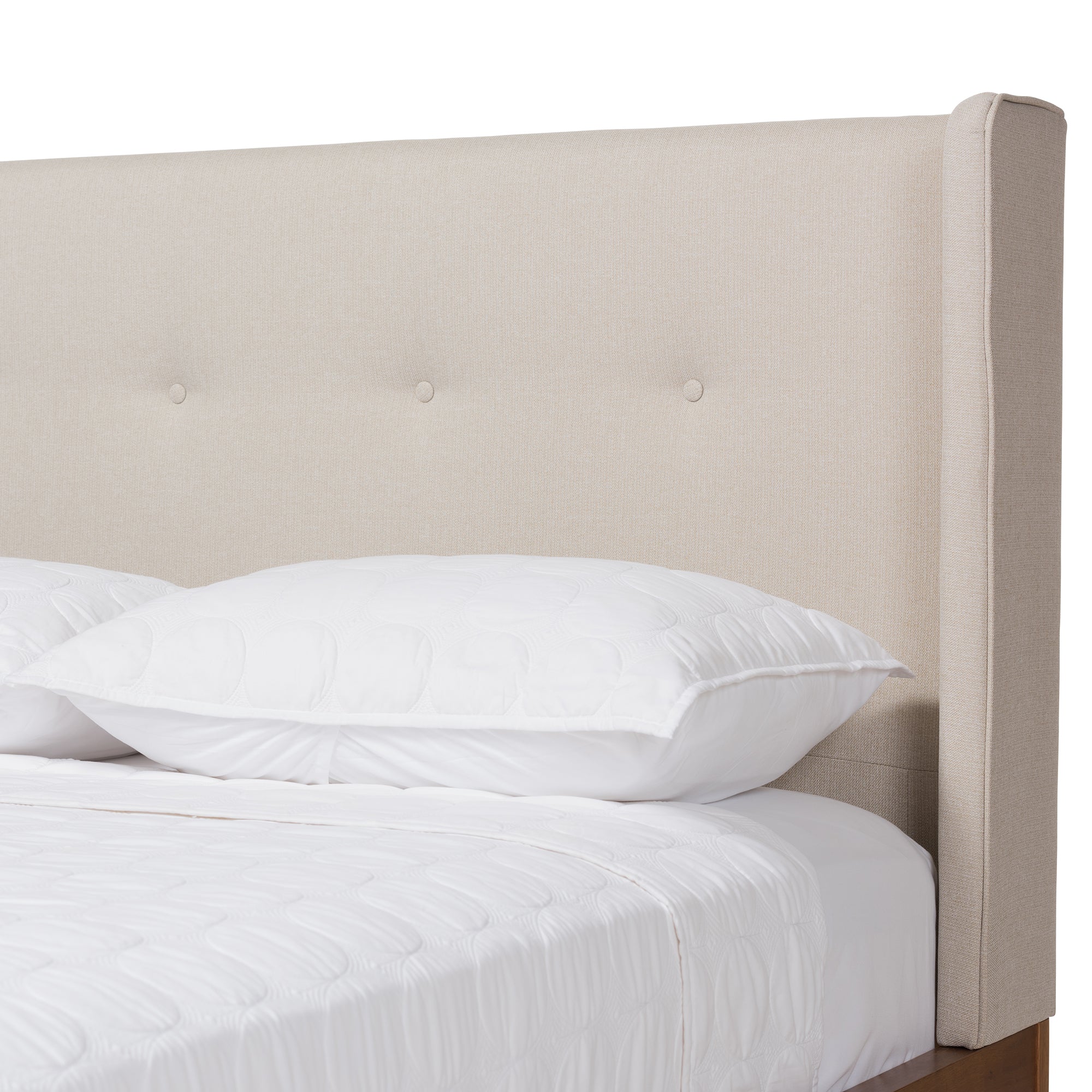 Brooklyn Mid-Century Modern Walnut Wood Beige Fabric King Size Platform Bed