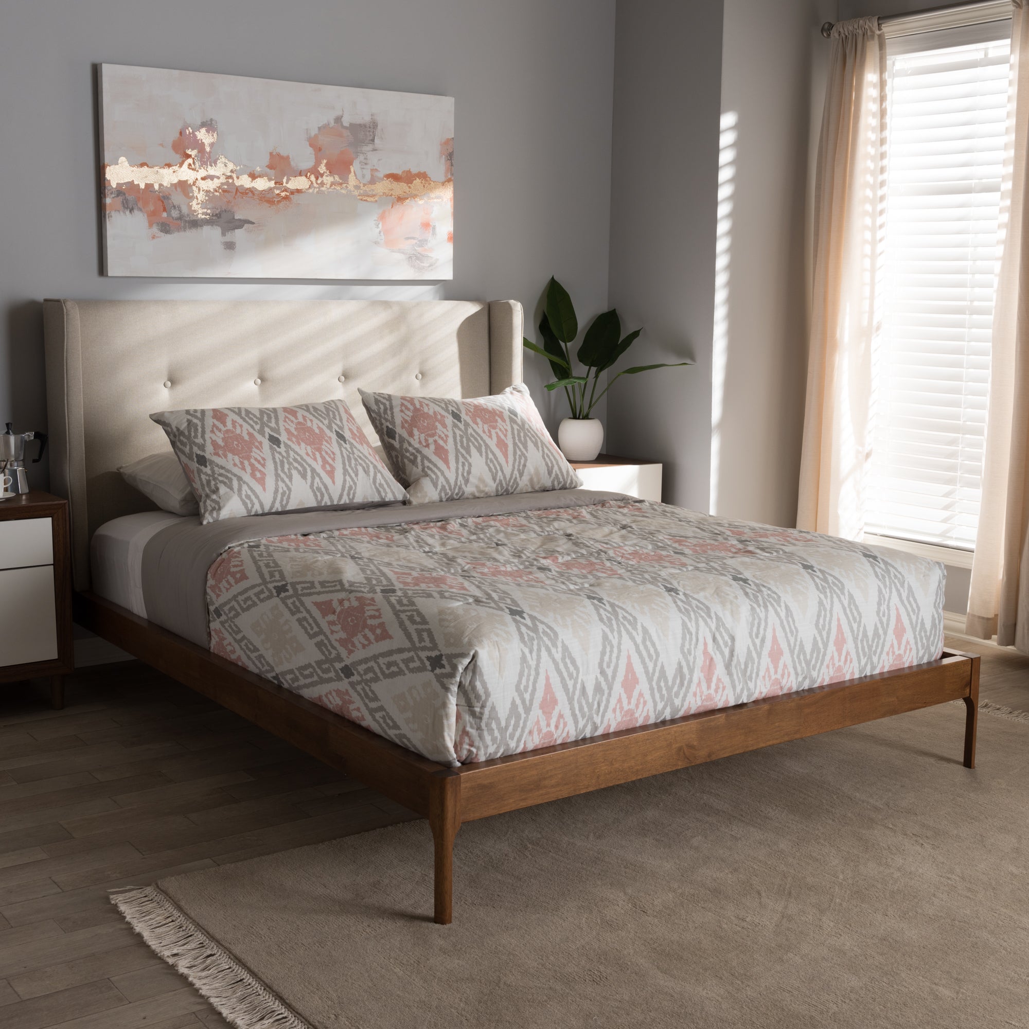 Brooklyn Mid-Century Modern Walnut Wood Beige Fabric King Size Platform Bed