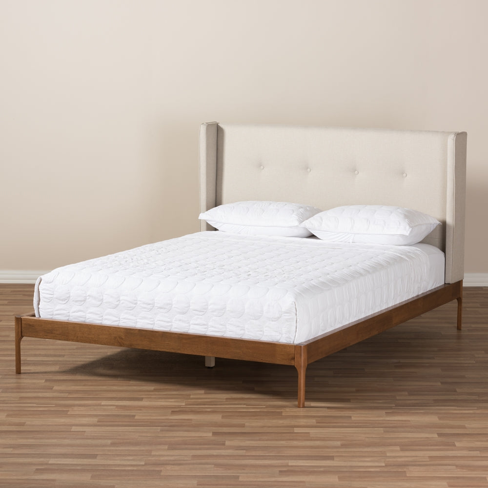 Brooklyn Mid-Century Modern Walnut Wood Beige Fabric Full Size Platform Bed