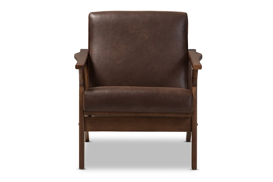 Bianca Mid-Century Modern Walnut Wood Dark Brown Distressed Faux Leather Lounge Chair