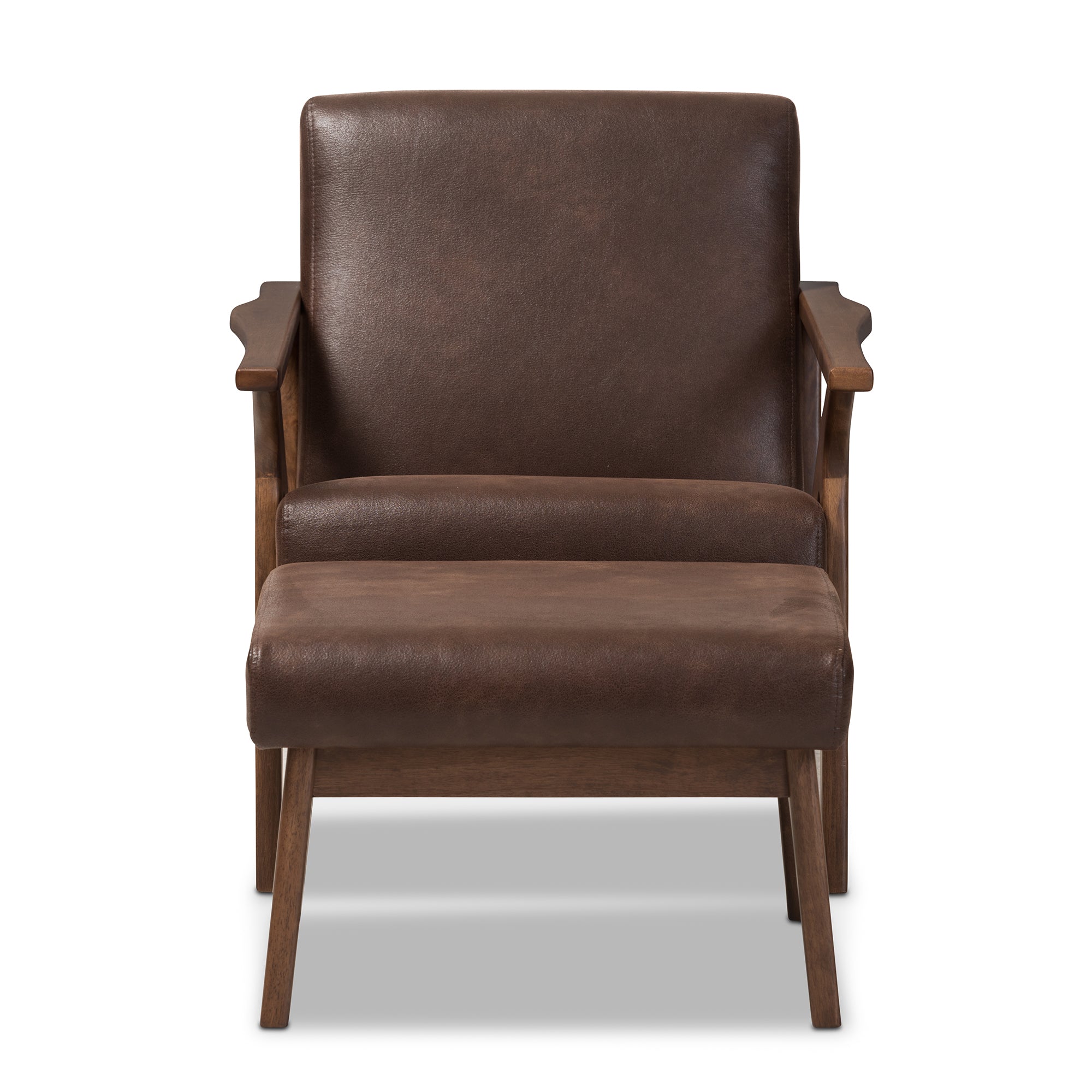 Bianca Mid-Century Modern Walnut Wood Dark Brown Distressed Faux Leather Lounge Chair And Ottoman Set