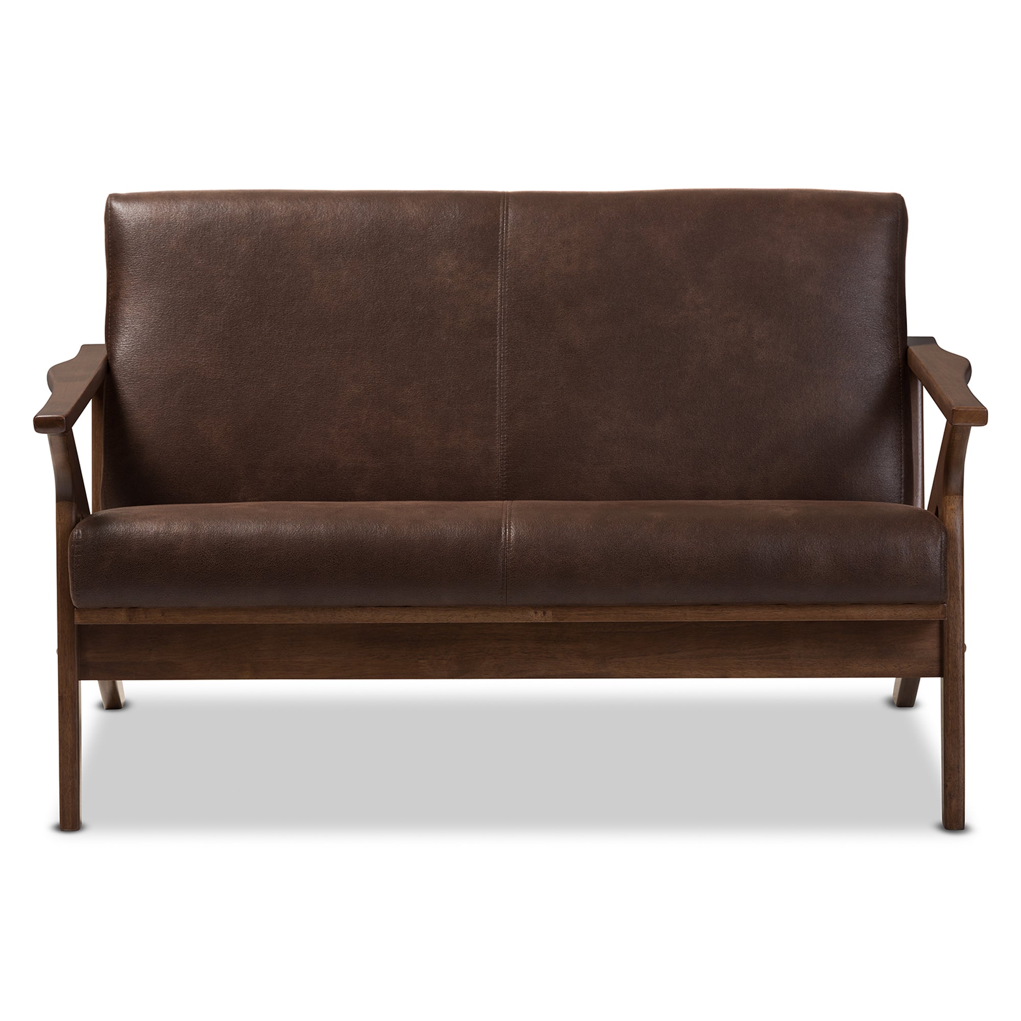 Bianca Mid-Century Modern Walnut Wood Dark Brown Distressed Faux Leather 2-Seater Loveseat