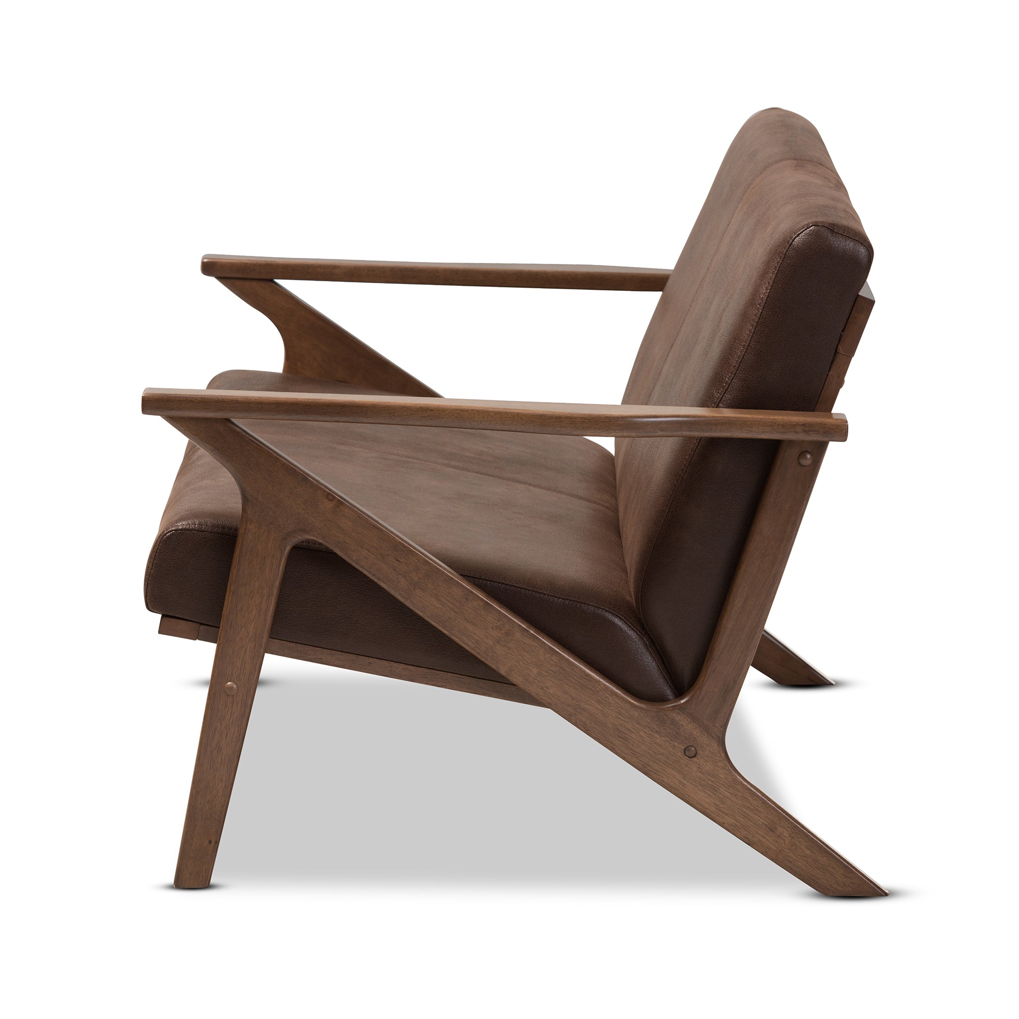 Bianca Mid-Century Modern Walnut Wood Dark Brown Distressed Faux Leather 2-Seater Loveseat