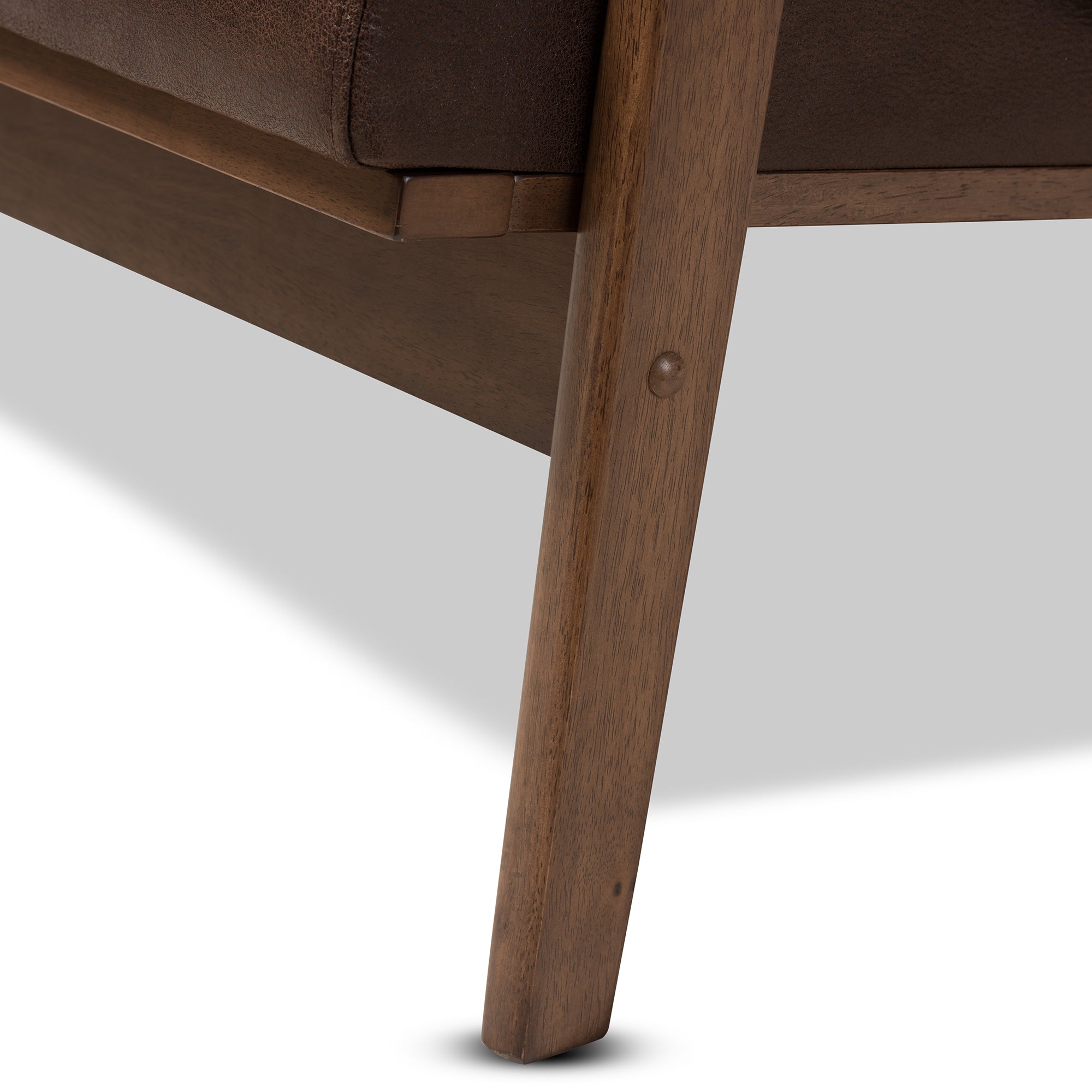 Bianca Mid-Century Modern Walnut Wood Dark Brown Distressed Faux Leather 2-Seater Loveseat