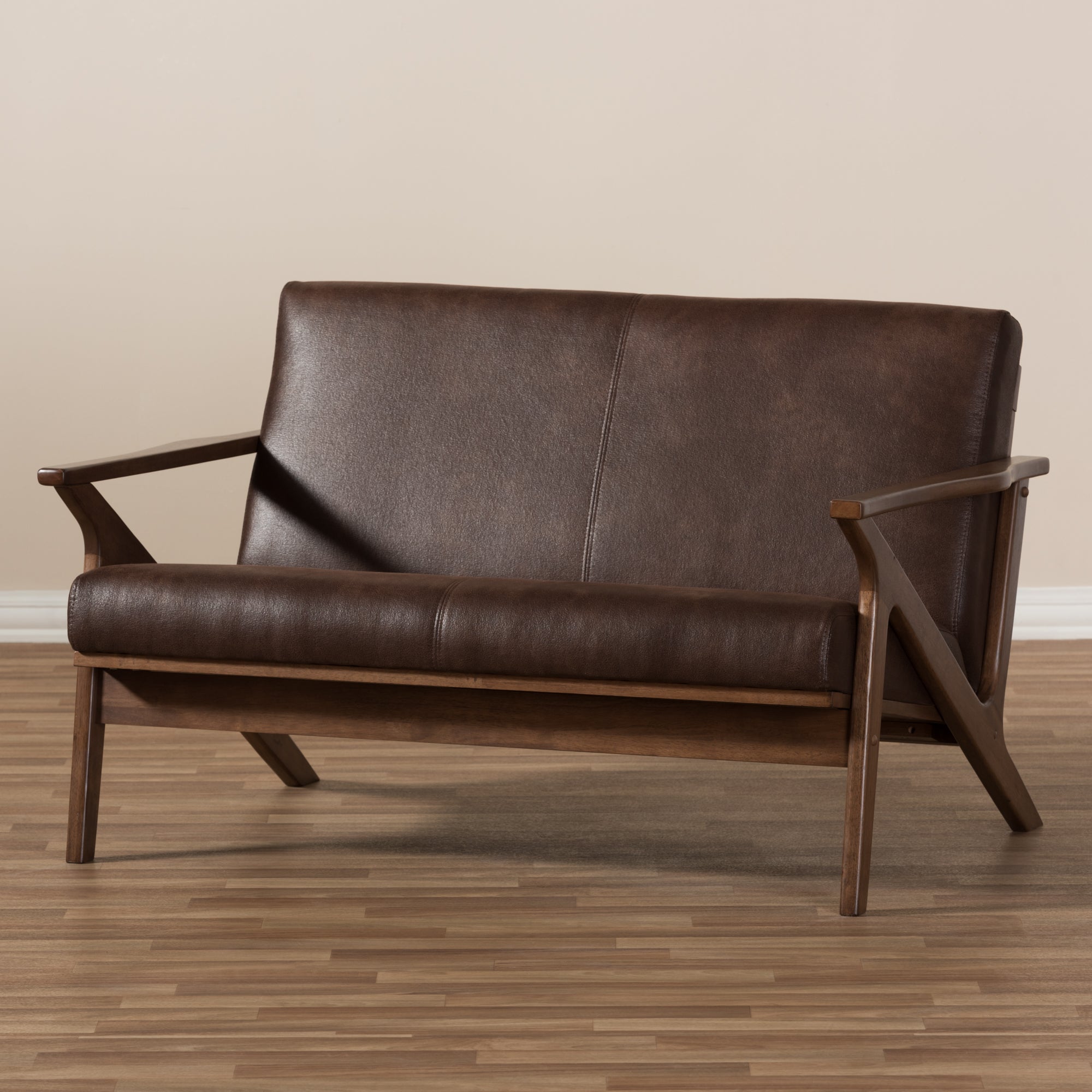 Bianca Mid-Century Modern Walnut Wood Dark Brown Distressed Faux Leather 2-Seater Loveseat