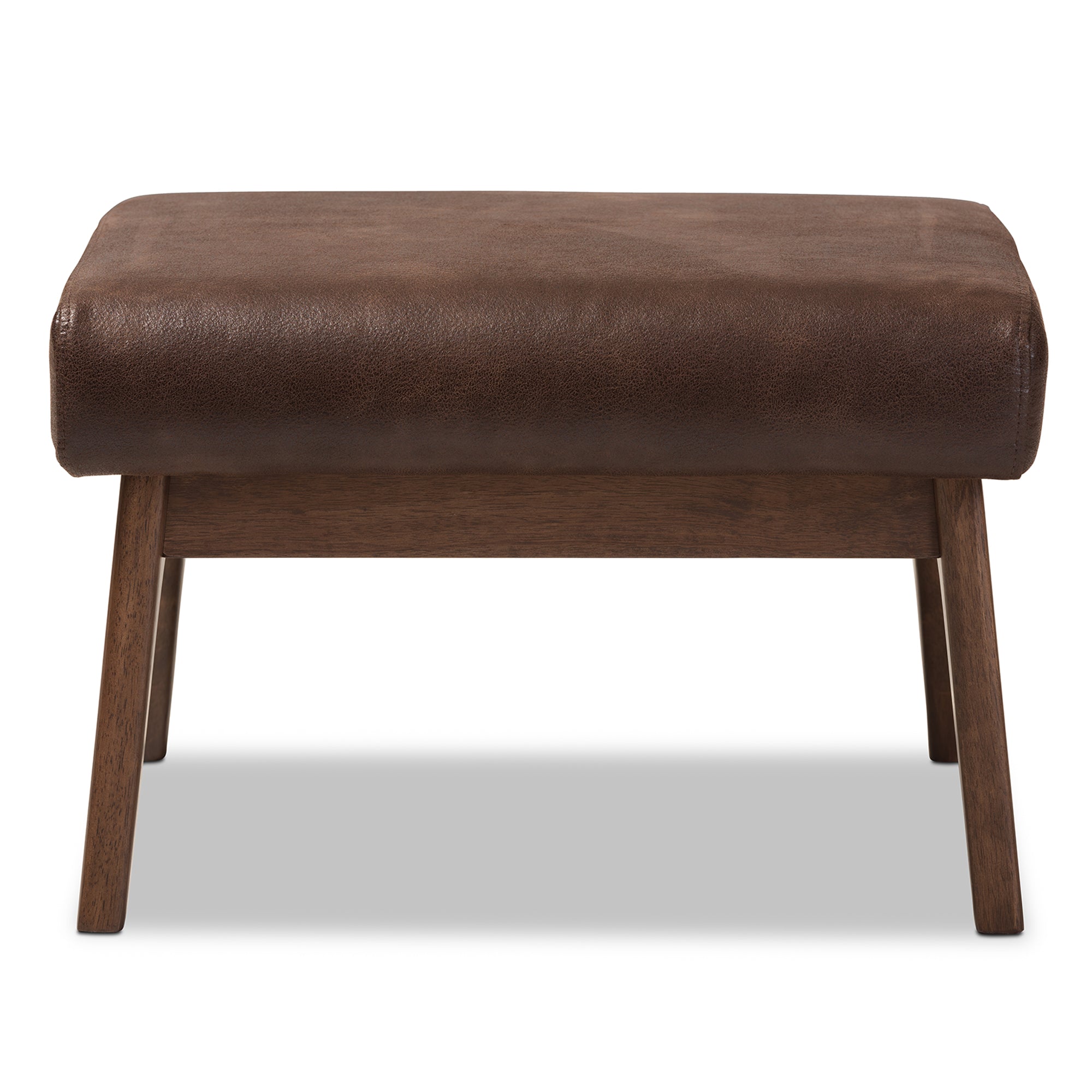 Bianca Mid-Century Modern Walnut Wood Dark Brown Distressed Faux Leather Ottoman