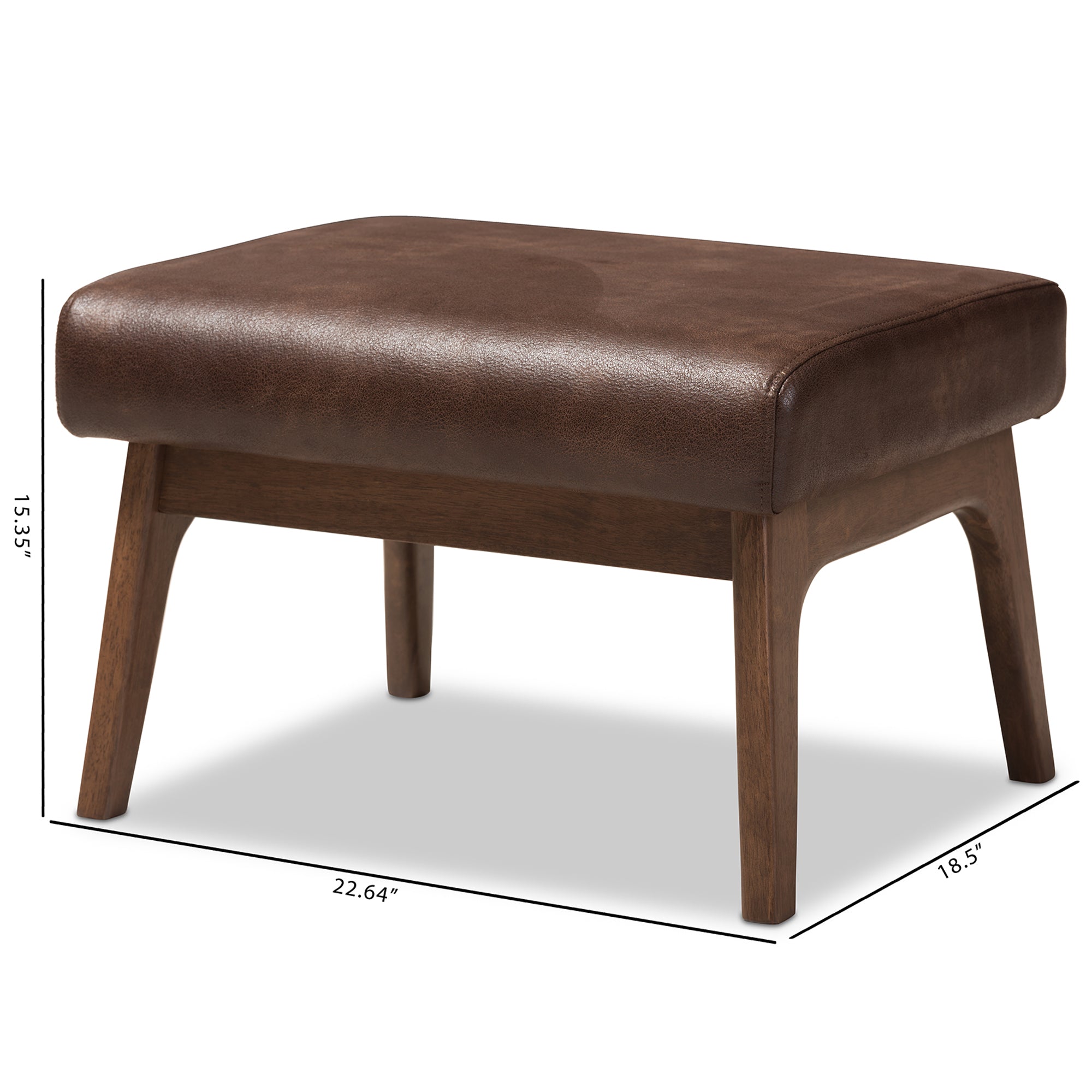 Bianca Mid-Century Modern Walnut Wood Dark Brown Distressed Faux Leather Ottoman
