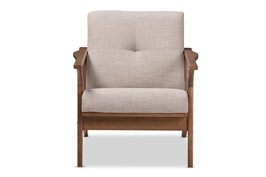 Bianca Mid-Century Modern Walnut Wood Light Grey Fabric Tufted Lounge Chair