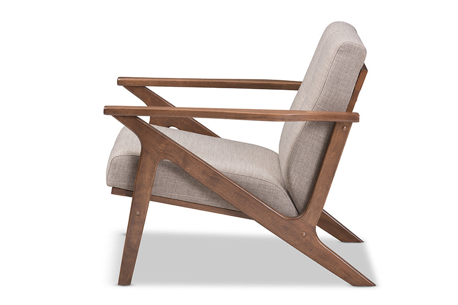 Bianca Mid-Century Modern Walnut Wood Light Grey Fabric Tufted Lounge Chair