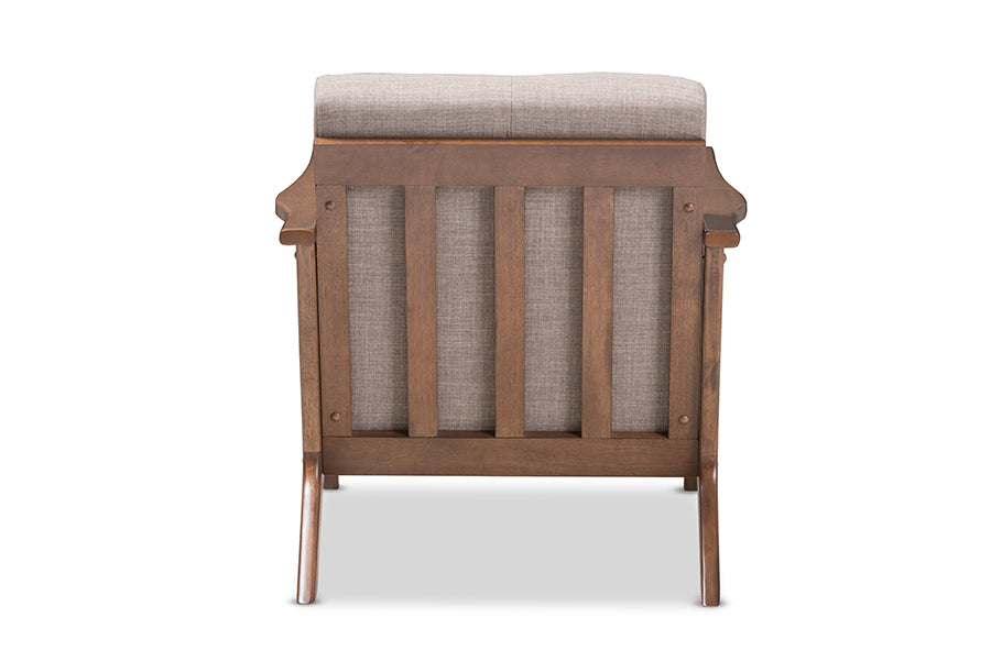 Bianca Mid-Century Modern Walnut Wood Light Grey Fabric Tufted Lounge Chair