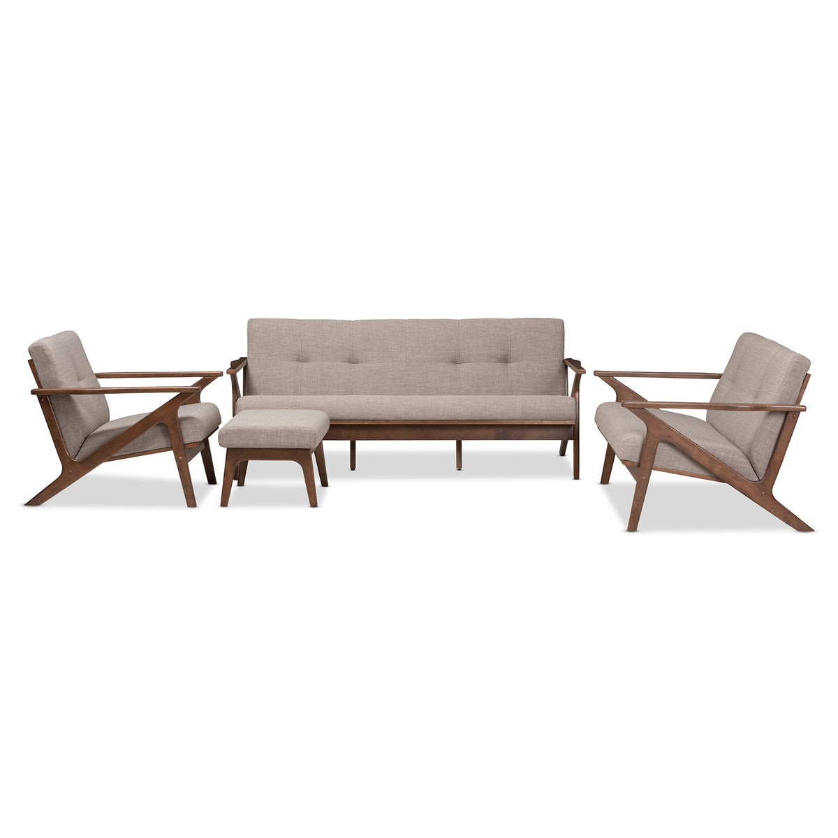 Bianca Mid-Century Modern Walnut Wood Light Grey Fabric Tufted Livingroom Sofa Set