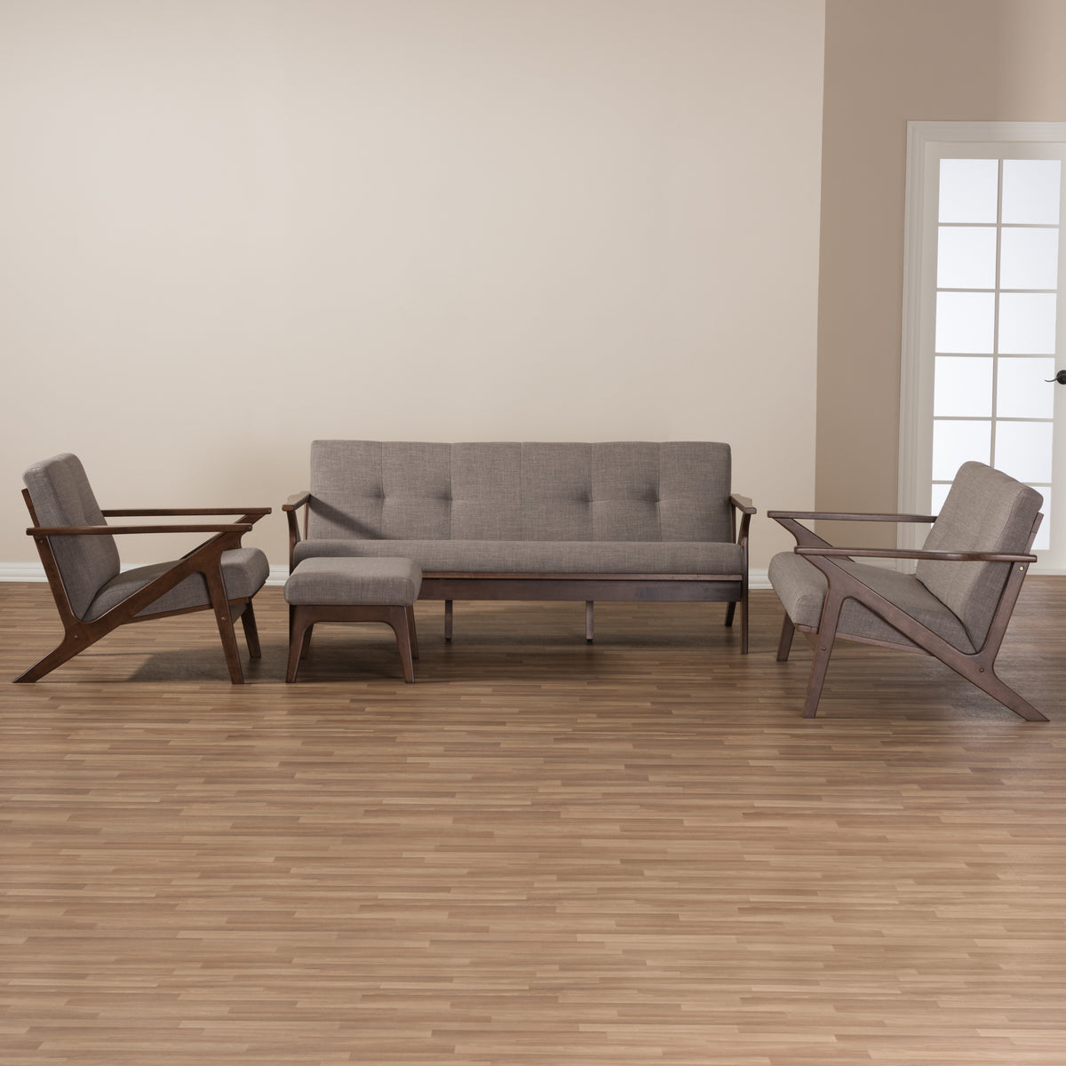 Bianca Mid-Century Modern Walnut Wood Light Grey Fabric Tufted Livingroom Sofa Set