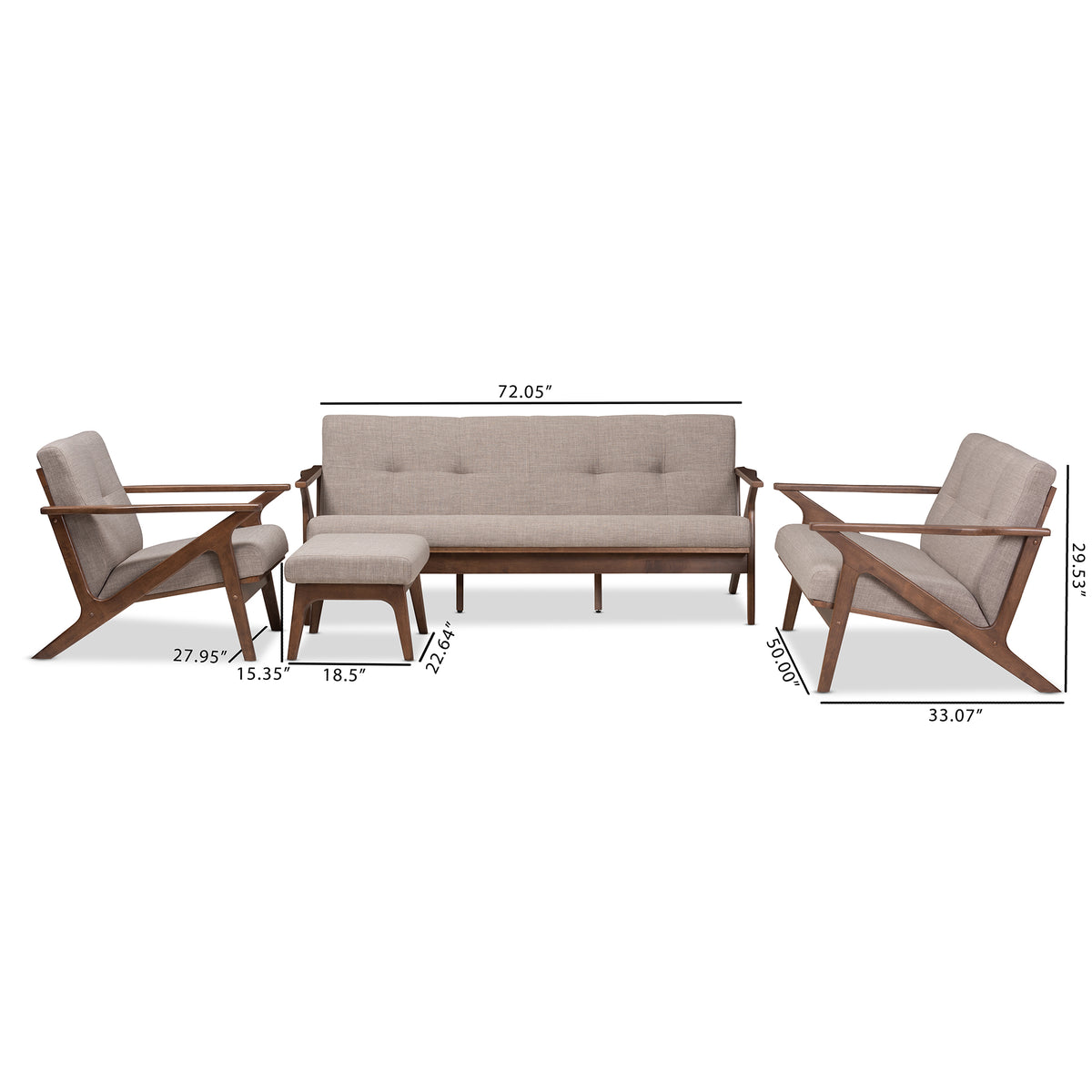 Bianca Mid-Century Modern Walnut Wood Light Grey Fabric Tufted Livingroom Sofa Set