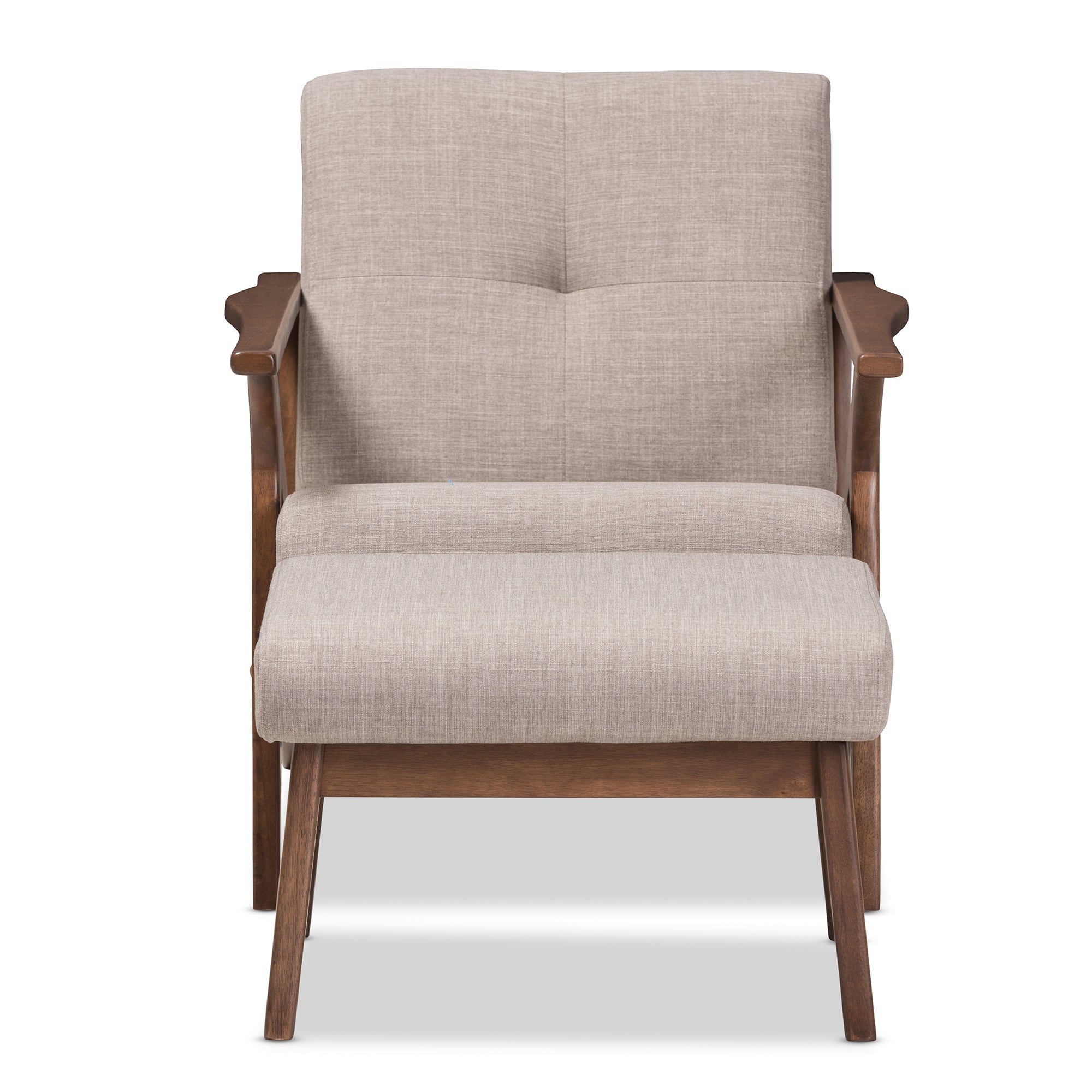 Bianca Mid-Century Modern Walnut Wood Light Grey Fabric Tufted Lounge Chair And Ottoman Set