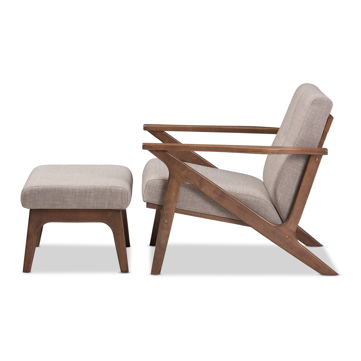 Bianca Mid-Century Modern Walnut Wood Light Grey Fabric Tufted Lounge Chair And Ottoman Set