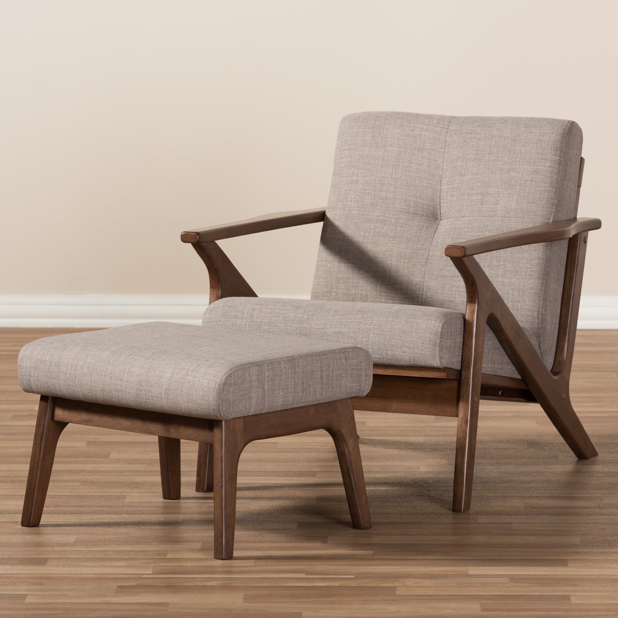 Bianca Mid-Century Modern Walnut Wood Light Grey Fabric Tufted Lounge Chair And Ottoman Set