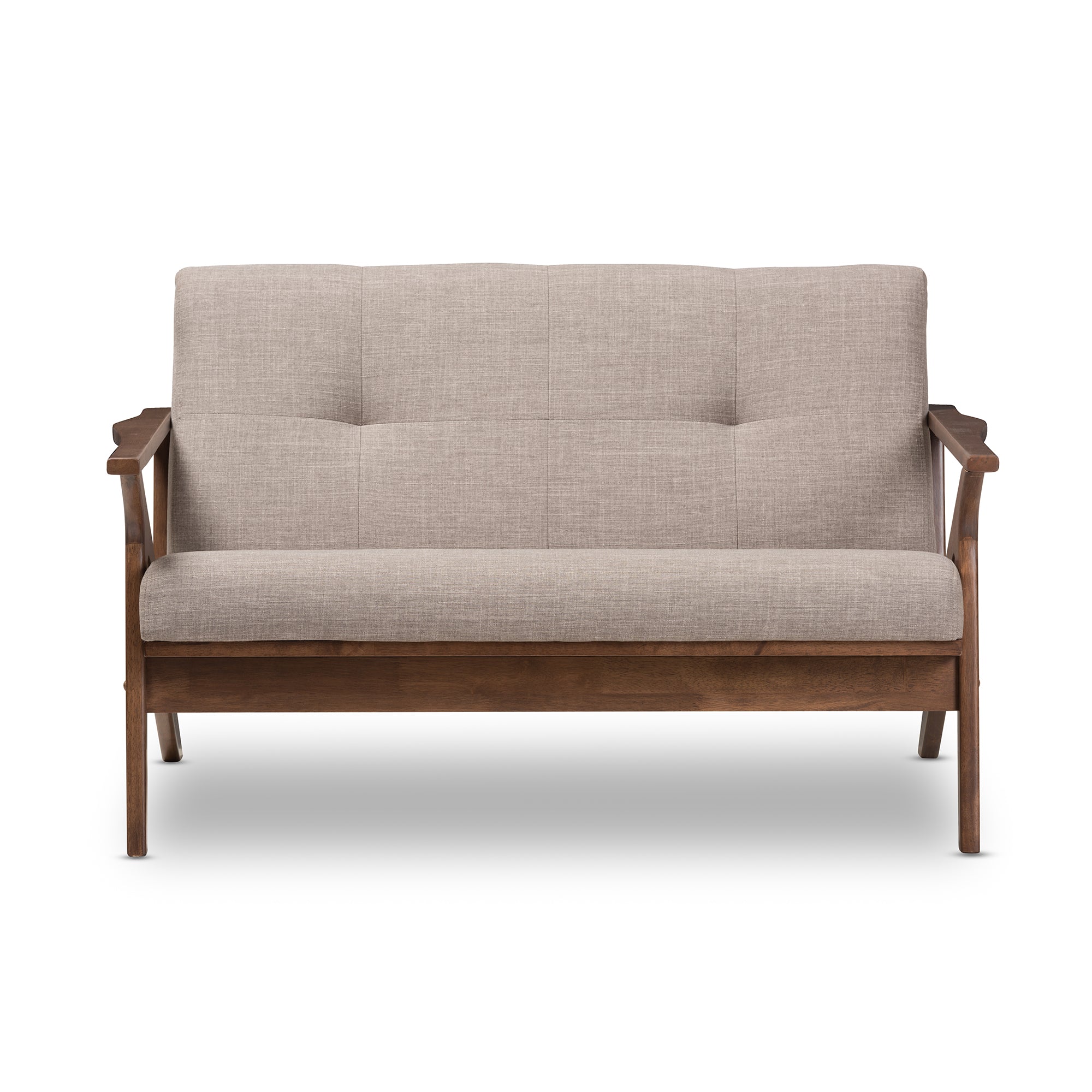 Bianca Mid-Century Modern Walnut Wood Light Grey Fabric Tufted 2-Seater Loveseat