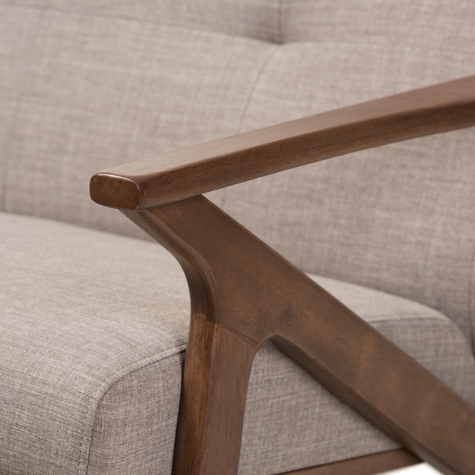 Bianca Mid-Century Modern Walnut Wood Light Grey Fabric Tufted 2-Seater Loveseat