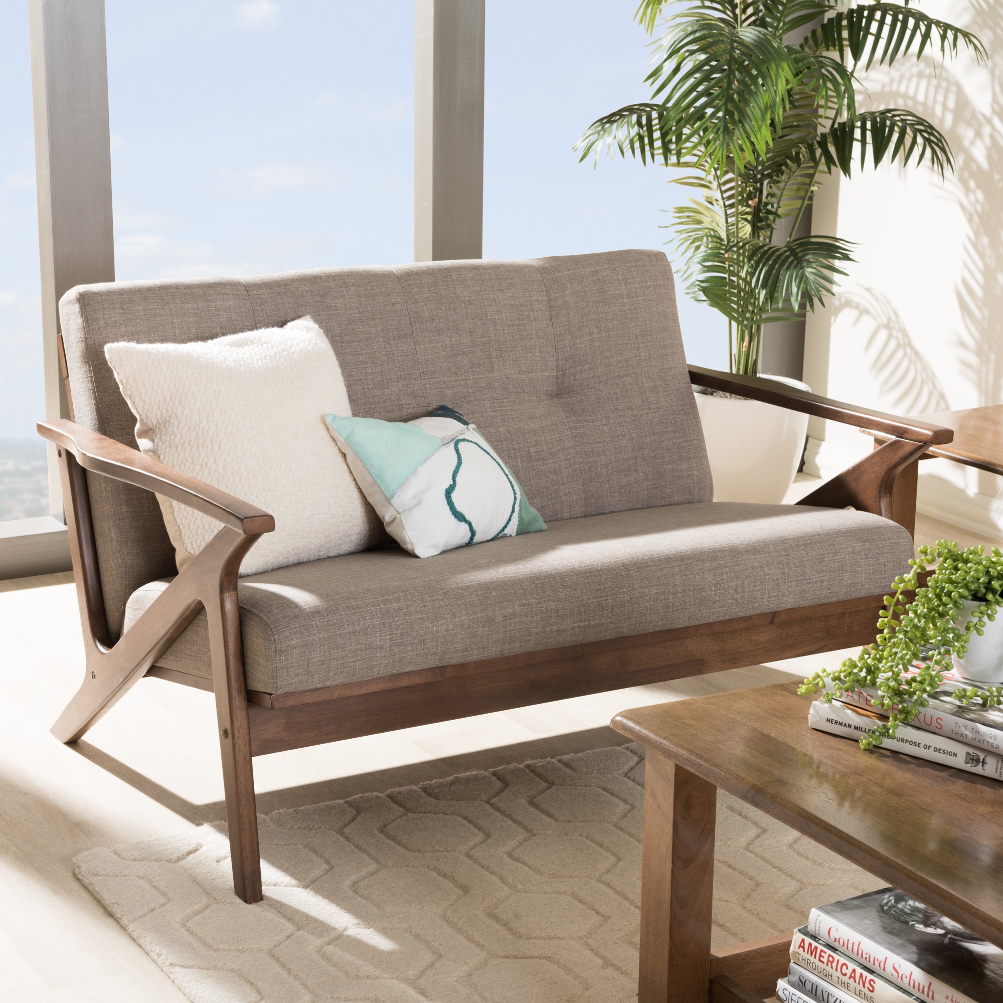Bianca Mid-Century Modern Walnut Wood Light Grey Fabric Tufted 2-Seater Loveseat