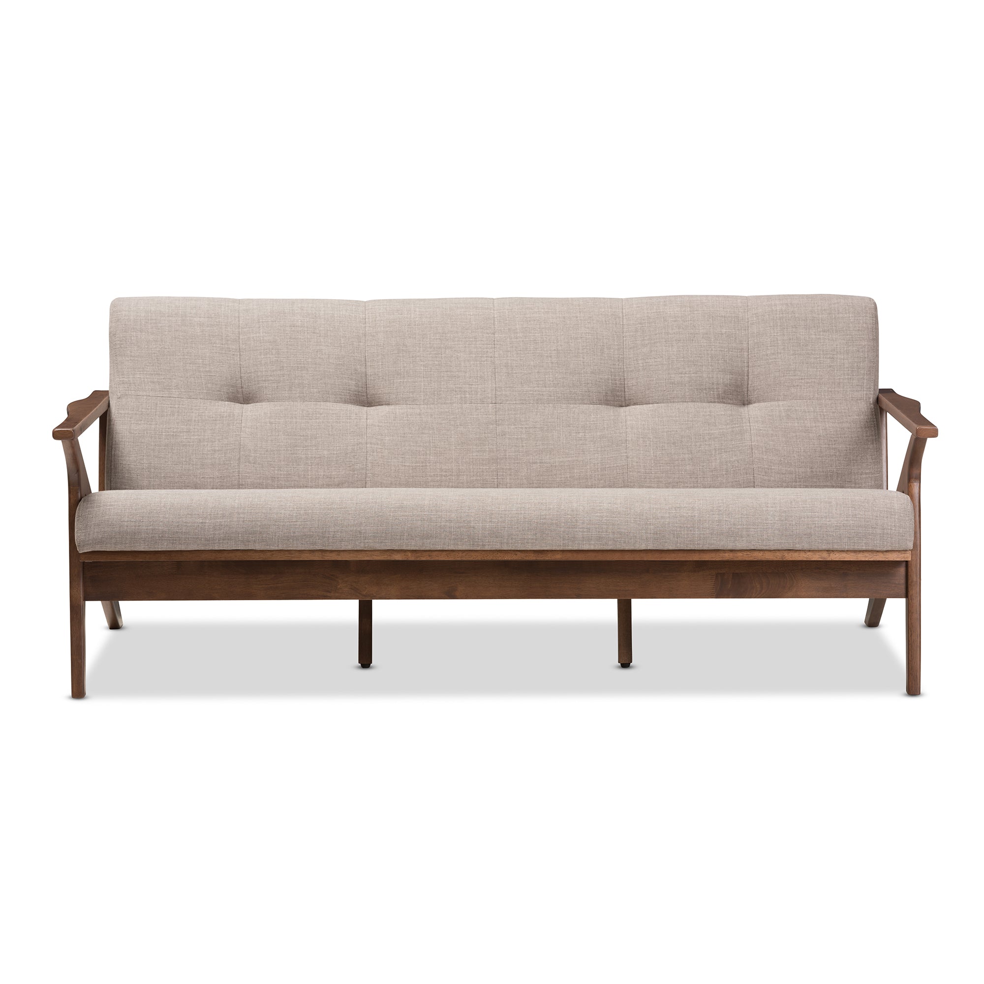Bianca Mid-Century Modern Walnut Wood Light Grey Fabric Tufted 3-Seater Sofa