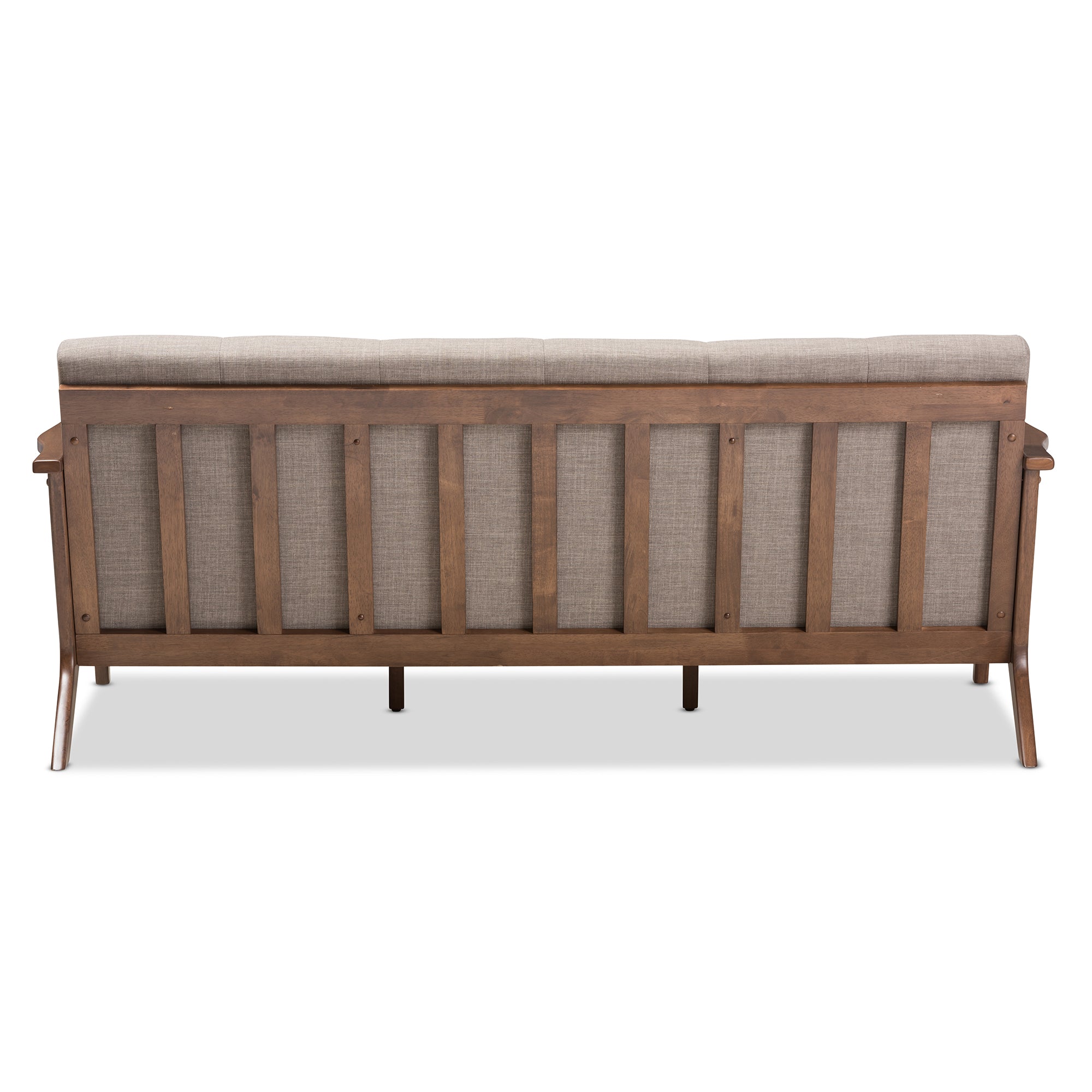 Bianca Mid-Century Modern Walnut Wood Light Grey Fabric Tufted 3-Seater Sofa