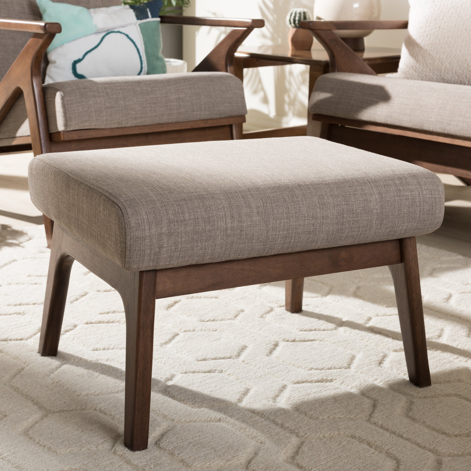 Bianca Mid-Century Modern Walnut Wood Light Grey Fabric Ottoman