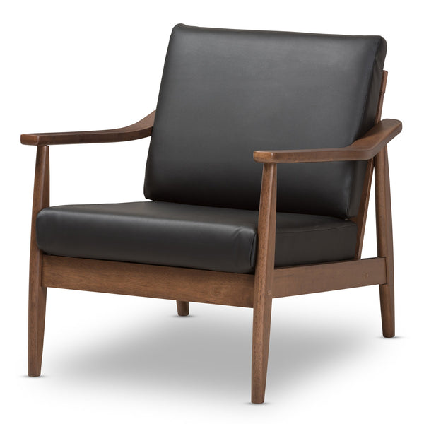 Venza Mid-Century Modern Walnut Wood Black Faux Leather Lounge Chair