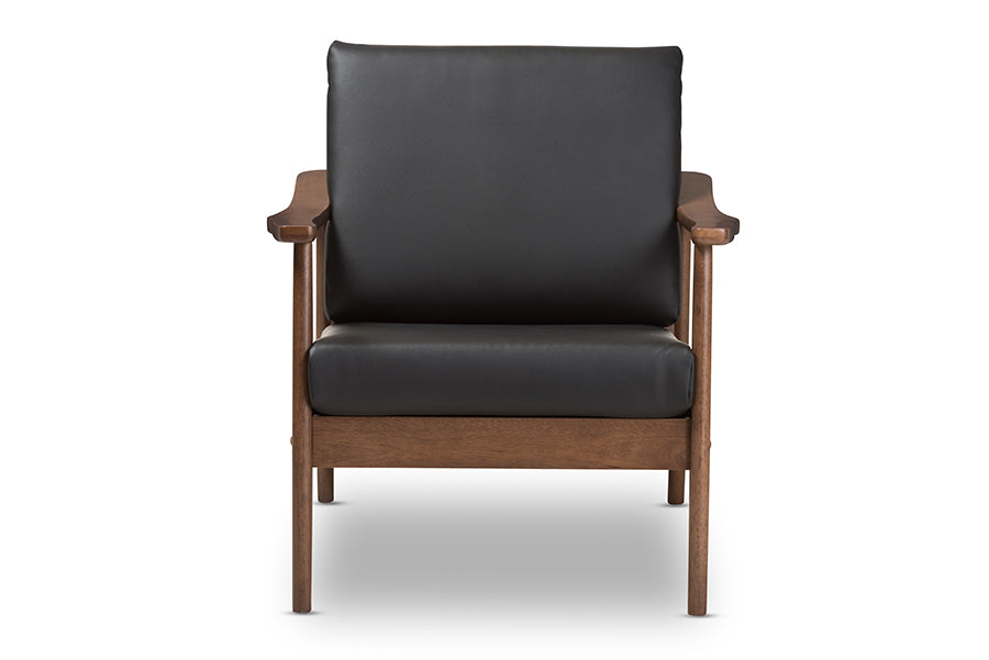 Venza Mid-Century Modern Walnut Wood Black Faux Leather Lounge Chair