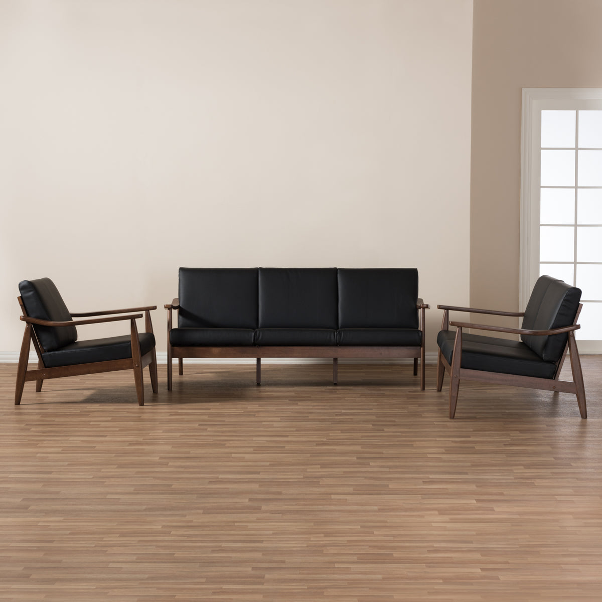 Venza Mid-Century Modern Walnut Wood Black Faux Leather 3-Piece Livingroom Set