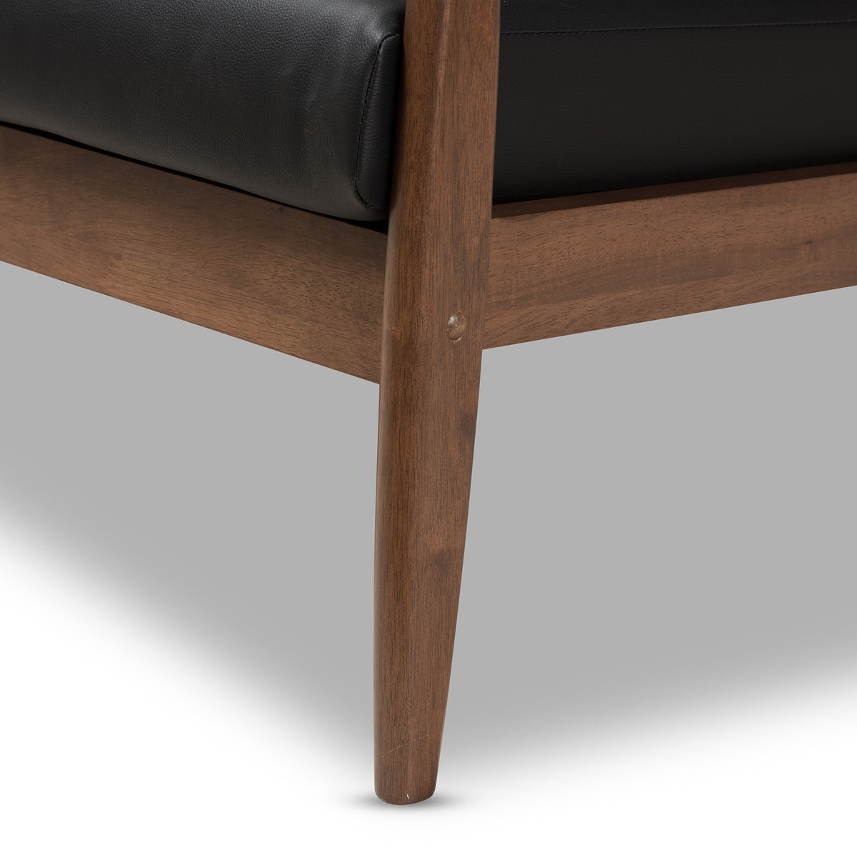 Venza Mid-Century Modern Walnut Wood Black Faux Leather 2-Seater Loveseat