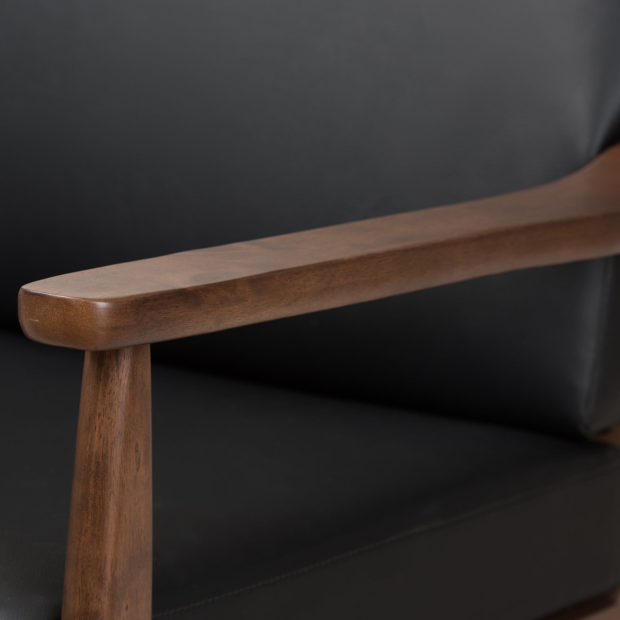 Venza Mid-Century Modern Walnut Wood Black Faux Leather 3-Seater Sofa