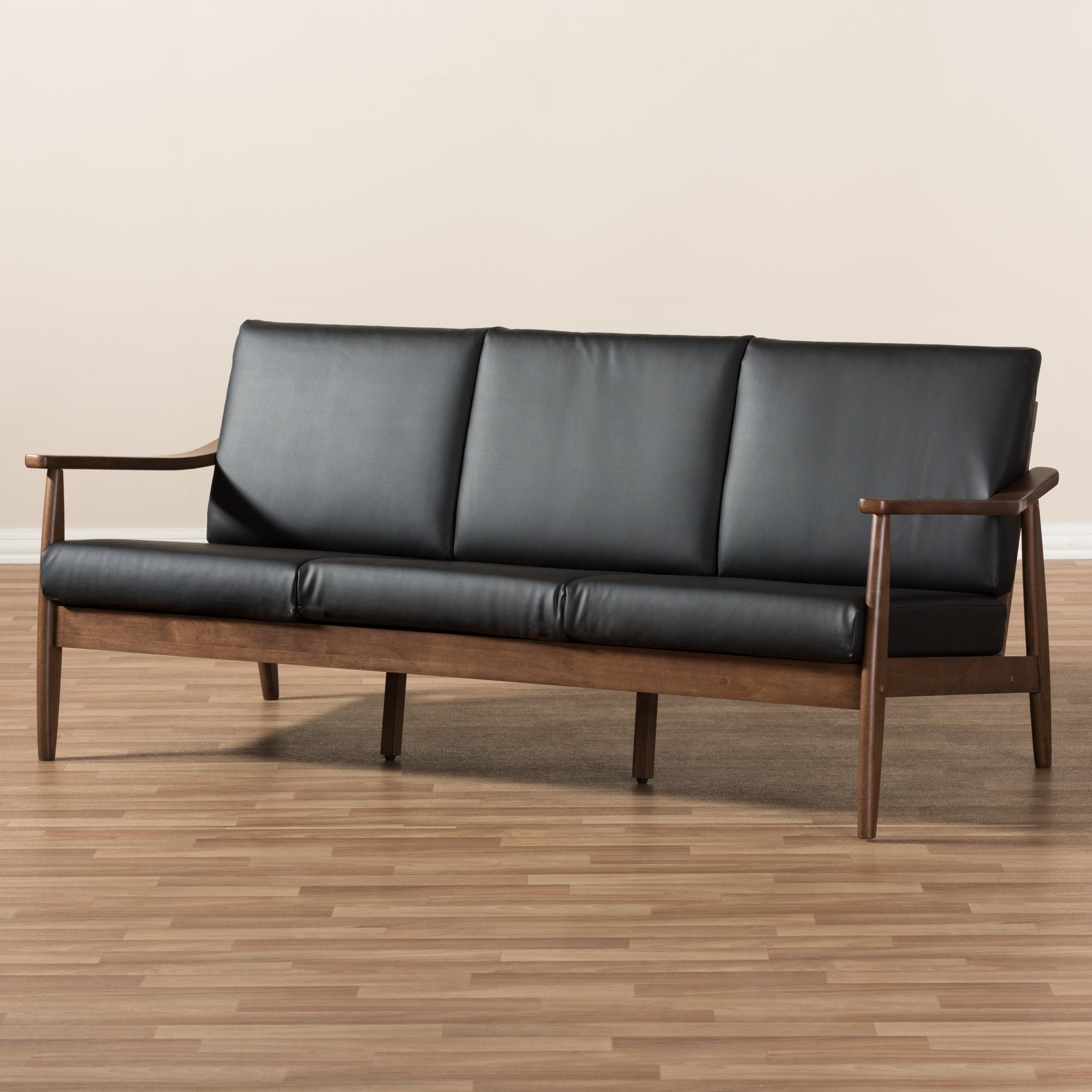 Venza Mid-Century Modern Walnut Wood Black Faux Leather 3-Seater Sofa