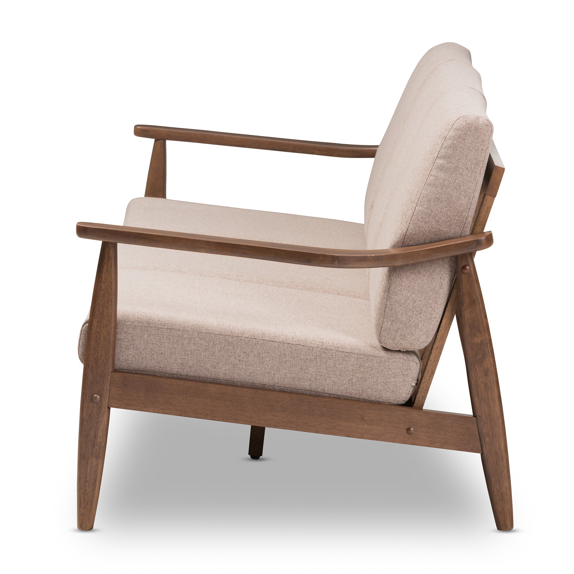 Venza Mid-Century Modern Walnut Wood Light Brown Fabric Upholstered 3-Seater Sofa
