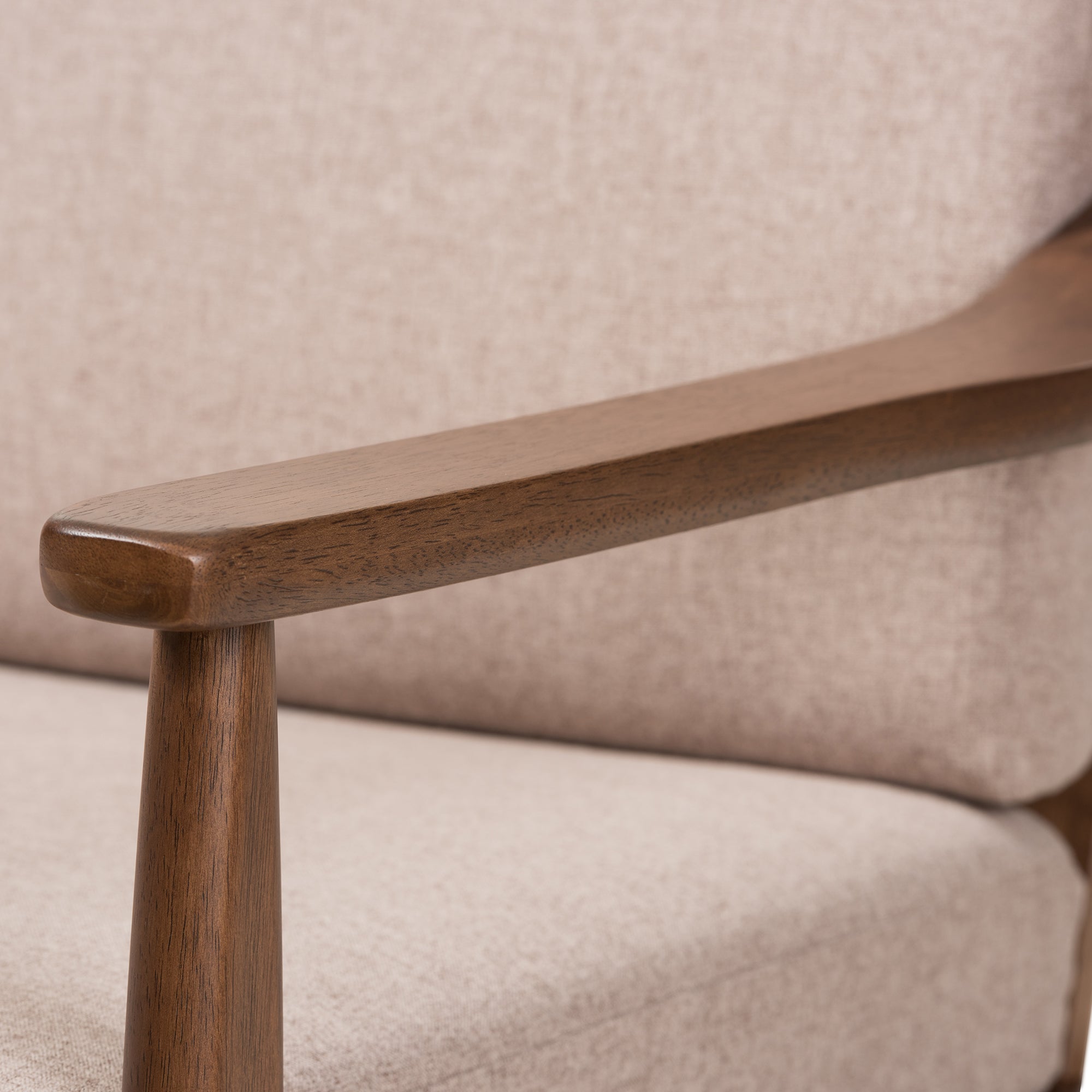 Venza Mid-Century Modern Walnut Wood Light Brown Fabric Upholstered 3-Seater Sofa