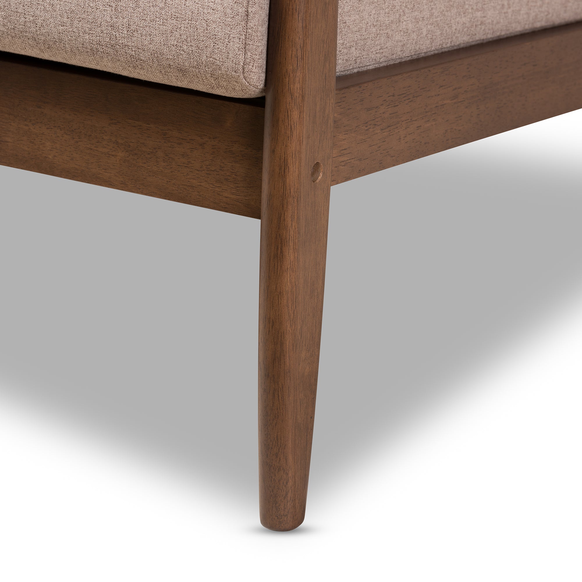 Venza Mid-Century Modern Walnut Wood Light Brown Fabric Upholstered 3-Seater Sofa