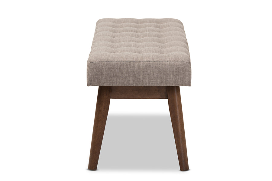 Elia Mid-Century Modern Walnut Wood Light Grey Fabric Button-Tufted Bench
