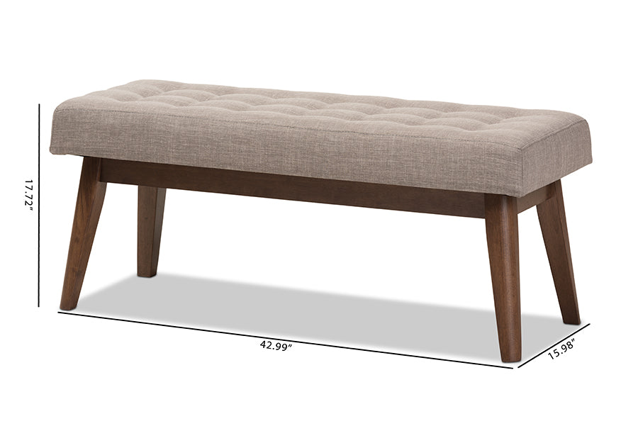 Elia Mid-Century Modern Walnut Wood Light Grey Fabric Button-Tufted Bench