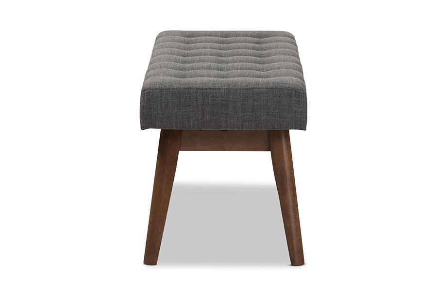 Elia Mid-Century Modern Walnut Wood Dark Grey Fabric Button-Tufted Bench
