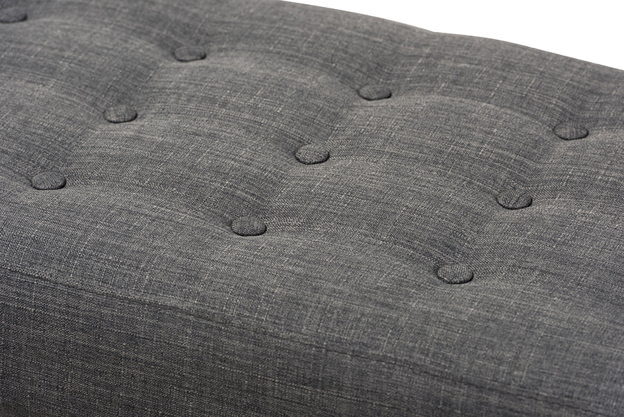 Elia Mid-Century Modern Walnut Wood Dark Grey Fabric Button-Tufted Bench